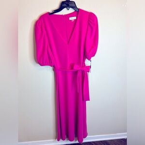 Calvin Klein Pink Scuba Crepe V-neck A-line short sleeve tie midi dress